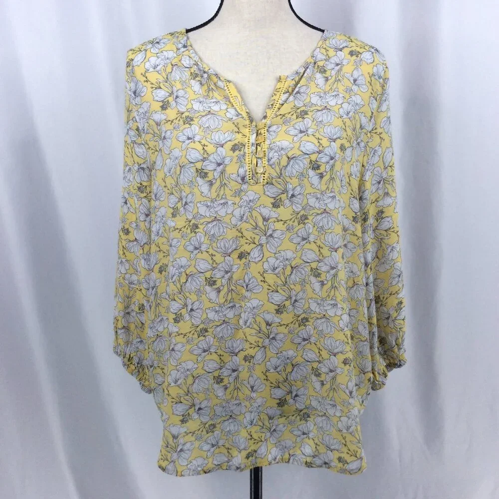 Liz Claiborne Women's Top Large Yellow Floral Peasant Henley